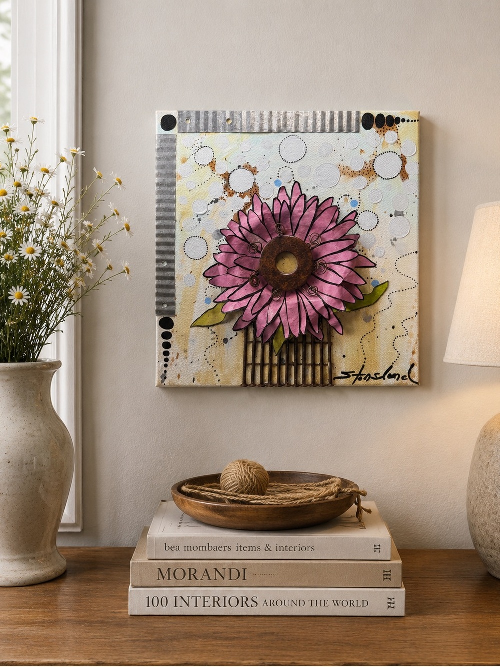 Original 3D Mixed Media Pink Flower Wall Art Handmade Signed